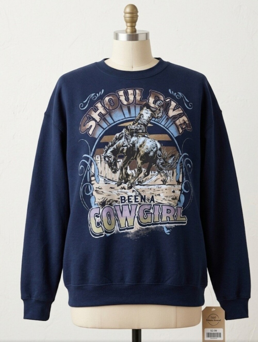 Navy Graphic Crewneck Sweatshirt - Cowgirl Print
